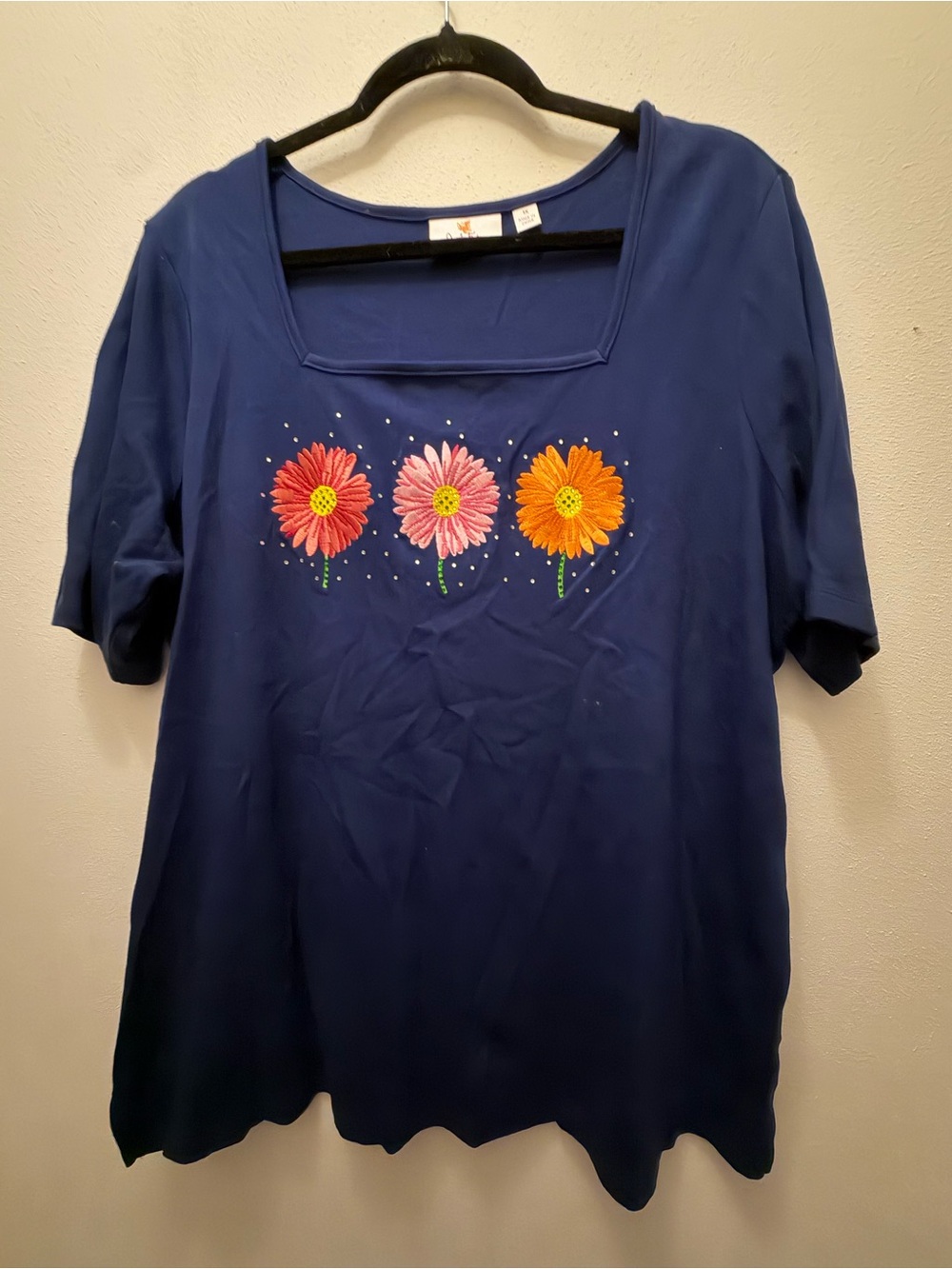 Quacker Factory Navy Square-Neck Top with Three Floral Embroideries